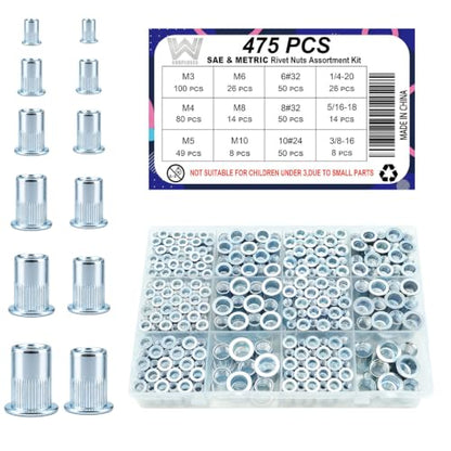 475 Pcs Metric and SAE Rivet Nut Kit, M3 to M10, 6#32 to 3/8 | Zinc-Plated Carbon Steel, M3-0.5 M4-0.7 M5-0.8 M6-1.0 M8-1.25 M10-1.5, 6#32 8#32 10#24 1/4-20 5/16-18 3/8-16 - size: M & SAE Kit (475 Pcs)