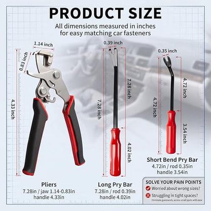 Car Clip Pliers, Auto Trim Removal Tool Set with 2Pcs Stainless Steel Fastener Remover, Labor-Saving Spring Lever Pliers for Car Interior, Door Panel, Dashboard, Plastic Clips, Buckles & Rivets