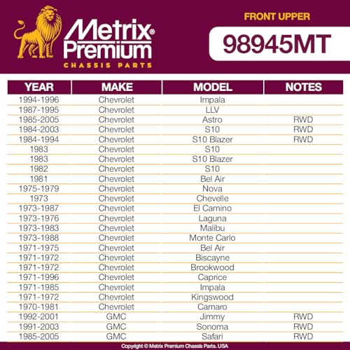 Metrix Premium Chassis Parts - 2 PC Front Upper Ball Joint Kit Fits 91-96 Buick Commercial Chassis, Roadmaster, 95-96 Cadillac Commercial Chassis, 85-87 Oldsmobile Cutlass, K5208, Made in Europe - size: K5208 x2/ PAIR