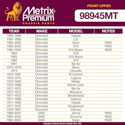 Metrix Premium Chassis Parts - 2 PC Front Upper Ball Joint Kit Fits 91-96 Buick Commercial Chassis, Roadmaster, 95-96 Cadillac Commercial Chassis, 85-87 Oldsmobile Cutlass, K5208, Made in Europe - size: K5208 x2/ PAIR