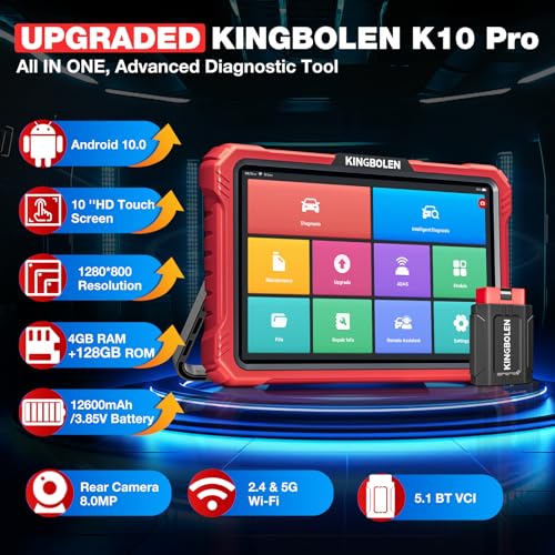 KINGBOLEN K10 Pro Full Systems 10" Car Scanner Topology Map, ECU Function | Bidirectional Scan Tool Bluetooth OBD2 Scanner, 41+ Reset Service, FCA AutoAuth, CANFD & DOIP, 2 Years Update, V.A.G Guided