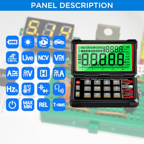 TRMS 20000 Counting Digital Voltmeter with NCV Function, Auto Multimeter Tester, Measurement of Voltage, Current, Resistance, Diode, Temperature, Car Dwell Angle, Engine Speed, Pulse Width