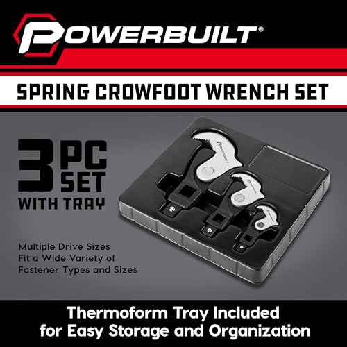 Powerbuilt 3 Piece Spring-Loaded Crowfoot Wrench Set, Adjustable, Auto Size, Universal Wrench, Self-Adjusting, Power Grip, Storage Tray - 642963 - style: 3 Piece