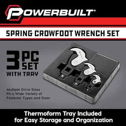 Powerbuilt 3 Piece Spring-Loaded Crowfoot Wrench Set, Adjustable, Auto Size, Universal Wrench, Self-Adjusting, Power Grip, Storage Tray - 642963 - style: 3 Piece
