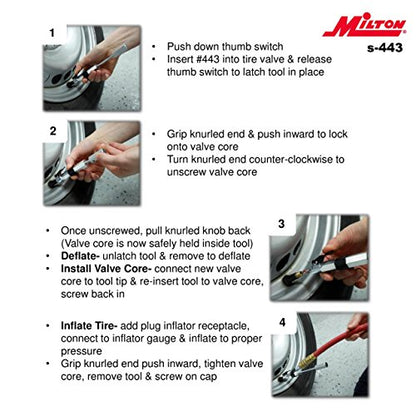 Milton (S-443) 3-in-1 Tire Valve Extractor and Inflator Tool - Remove, Inflate, Install.