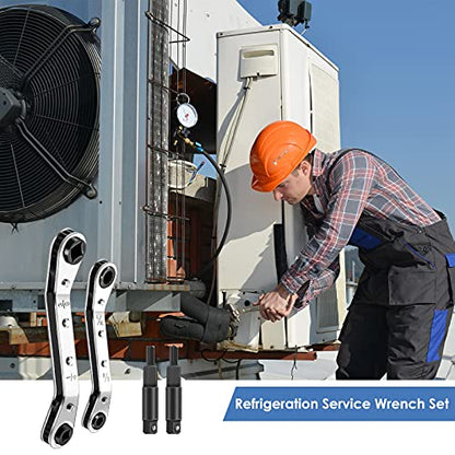 Zhehao Hvac Service Wrench Refrigeration Service Wrench Set, 3/8 to 3/16, 5/16 x1/4, Ratchet Refrigeration Tool Set Air Conditioner Valve with Hexagon Bit Adapter Kit for Equipment Repair