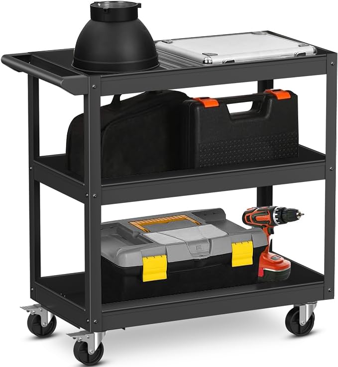 IRONMAX 3-Tier Utility Service Cart, 400 Lbs Heavy Duty Metal Rolling Trolley w/Ergonomic Flat Handle, Lockable 360° Swivel Wheels, Chic Mechanic Tool Cart for Garage Warehouse & Repair Shop - color: Black