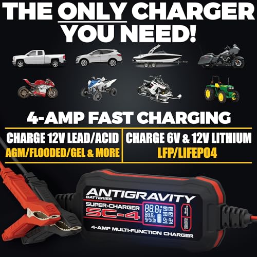 Antigravity SC-4 Super-Charger 4A Smart Battery Charger & Maintainer for 6V/12V Lithium (LiFePO4) & 12V Lead-Acid Batteries – Wall-Powered, LCD Display, Voltage Tester, BMS Reset