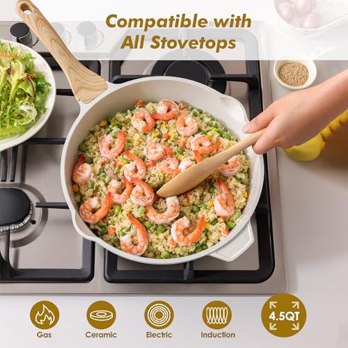 SENSARTE Nonstick Frying Pan Skillet with Lid 3.5/4.5/5QT, Ceramic Saute Pan,Deep Fring Pan Non-toxic Cooking Pot, Stay-cool Handle, Induction Compatible, PFAS Free - color: Ceramic White, size: 11-inch/4.5QT