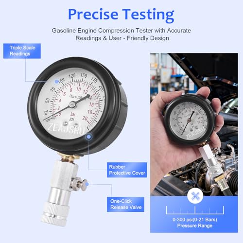 Engine Compression Tester Kit 8PCS, 0-300 PSI Cylinder Pressure Test Tool for Gasoline Engines on Cars, Motorcycles, ATVs & Small Engines with Dual Scale Gauge and Adapters (Blue-8PC)