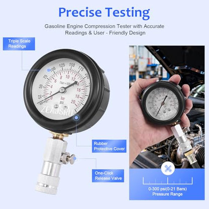 Engine Compression Tester Kit 8PCS, 0-300 PSI Cylinder Pressure Test Tool for Gasoline Engines on Cars, Motorcycles, ATVs & Small Engines with Dual Scale Gauge and Adapters (Blue-8PC)