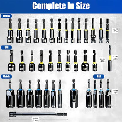 86-Piece Magnetic Impact Nut Driver Set, SAE & Metric, 1/4-Inch Hex Shank | CR-V nut drivers with S2 impact bits and sockets, plus a 90° right-angle drill adapter, flexible extension and mini ratchet. - size: 86pcs