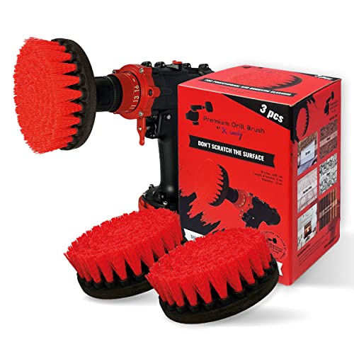 Premium Drill Brush Professional – Stiff 5 in Red Set of 3 | Scratch-Free Outdoor Cleaning Brush for Patio Bricks, Decking, Garden Tools, Lawn Mowers, Bicycles, Pool Tiles and Boat Hulls - color: Red