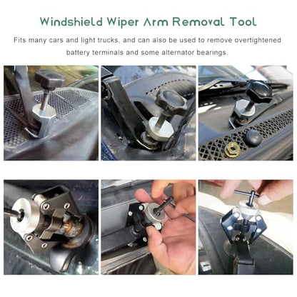 Windshield Wiper Arm Removal Tool Kit, Heavy-Duty Arm Bearing Remover Tool and Battery Terminal Puller, Adjustable Windshield Wiper Tools for Most Cars Trucks SUVs