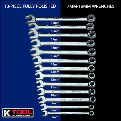 K Tool International Metric Combination Wrench Set, 13-Piece Fully Polished, Heat-Treated Chrome Vanadium Steel, Durable, Sizes (7mm-19mm Wrenches); KTI41800