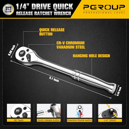 44-Piece 1/4 Inch Drive SAE (3/16 in - 9/16 in) & Metric (4 mm - 14 mm) Socket Set, Socket Wrench Set with 90 Tooth Reversible Ratchet Wrench and Extension Bars, Chrome Vanadium Steel
