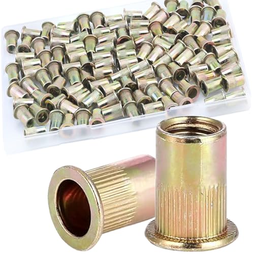 115Pcs M6 Rivet Nuts, Metric Zinc Plated Finish Carbon Steel Flat Head Threaded Insert Nutsert Kit - color: Yellow, size: M6