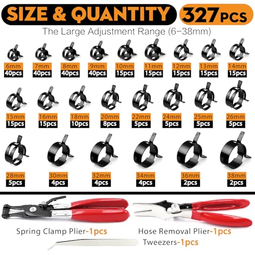 327-Pcs 65Mn Spring Clamps Kit (23 Sizes, 6-38mm) with Swivel Jaw Pliers,Hose Removal Pliers & Tweezers - Constant Tension Fit For Fuel, Coolant, Vacuum & Silicone Hose（Black） - size: 23 sizes-327 PCS