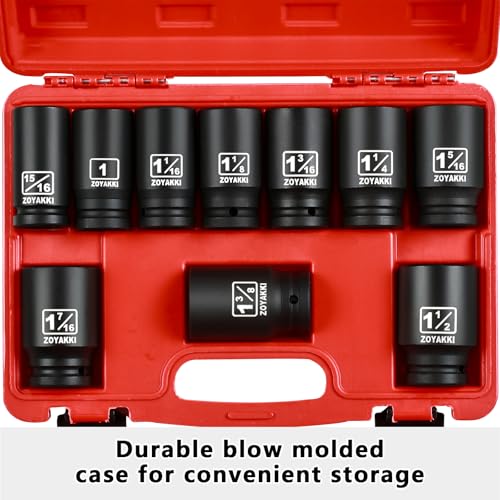 10 PCS 3/4" Drive Impact Lug Nut Socket, SAE 15/16"-1-1/2" Deep CR-MO Socket Set With Case for Impact Driver - size: 3/4" SAE 10PC Set