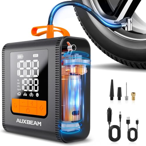 AUXBEAM H4 Portable Air Compressor, 150PSI 4000mAh Car Tire Inflator Pump, 12V 4 Preset Inflation Modes, Cordless Smart Air Pump With LCD Screen for Car, Motorcycle, Bike, Ball - color: Orange
