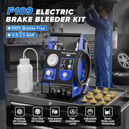 Electric One Man Vacuum Pressure Brake Bleeder Fluid Kit | 9PCS Adapters, 1L Waste Oil Bottle, Air-Free Fitting, Fits Car & Motorcycle Toyota Honda BMW Ford Audi Chevrolet Benz