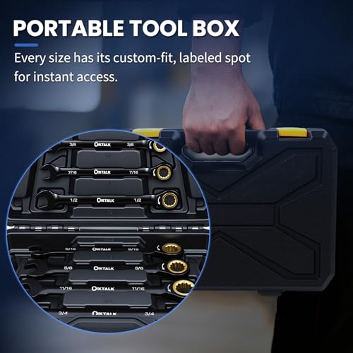 8PCS SAE Ratcheting Wrench Set, 72-Tooth Combination Wrench Set, 5/16"-3/4" | 5-Degree Swing Arc for Tight Spaces, CR-V Steel, Rust-Resistant Black Finish with Storage Organizer - size: SAE