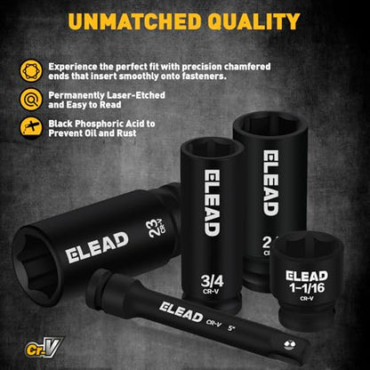 ELEAD 67 Piece 1/2" Drive Deep Impact Socket Set: Standard SAE (3/8"-1-1/4") & Metric (8-24 mm), Including 3 ", 5", 10" Extension Bar, Universal Joint, Ratchet Handle and Adapter - style: 67pcs 1/2'' Drive Impact Socket Set