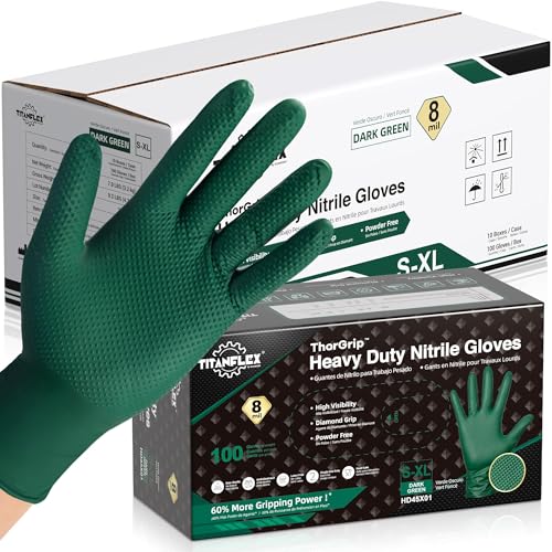 TitanFlex Heavy Duty Industrial Nitrile Gloves with Raised Diamond Texture, 8-mil, Latex Free (Green/Dark Green/Yellow) - color: 06 Dark Green (1000ct), size: Large
