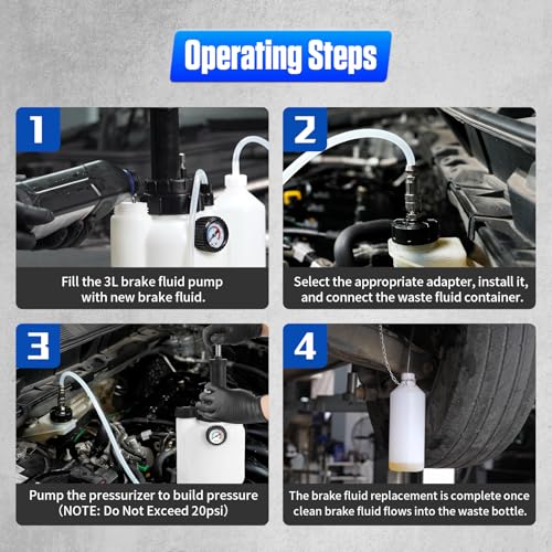 PLAYOCCAR Brake Bleeder Kit 3L with 4 Adapters & Waste Bottle | Includes 1L Waste Bottle & Universal Adapter, Upgraded Master Cylinder Adapters, Vacuum Pump for Single-Hand Brake Bleeding