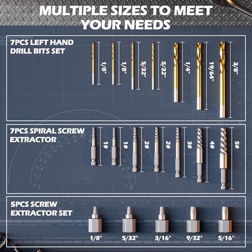 22-Piece Screw Extractor & Left Hand Drill Bit Set, Easy Out Bolt Remover Kit with 3 Adapters for Broken, Rusted, Stripped Nuts, Screws & Studs - size: 22PCS