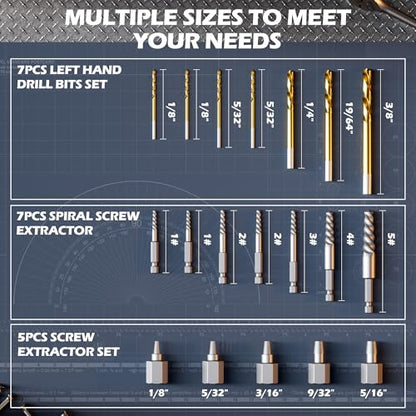 22-Piece Screw Extractor & Left Hand Drill Bit Set, Easy Out Bolt Remover Kit with 3 Adapters for Broken, Rusted, Stripped Nuts, Screws & Studs - size: 22PCS
