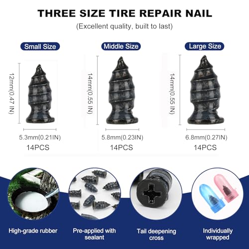 42Pcs Tire Repair Plugs Screws with 2 Tube Sealant &Screwdriver | 3 Sizes Fast Self-Sealing Tire Repair Rubber Plug Nail Kit, Car Motorcycle Truck ATV, Quick Fix Screw-in Tire Glue