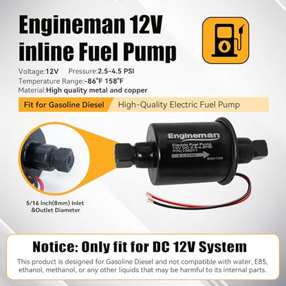 Universal Electric Fuel Pump 12V 2.5-4.5 PSI Inline External 5/16 Inch Compatiable with Gas Diesel Marine Carburetor Marine E8016S - size: E8016S 2.5-4.5 PSI