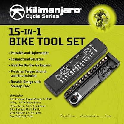 Kilimanjaro 15-in-1 Mini Bike Torque Wrench Tool Kit – Compact Bicycle Repair Set with Precision Torque Wrench, Hex, Torx & Screwdriver Bits, and Storage Case – Cycle Series – 910546ECE - style: 2-10Nm