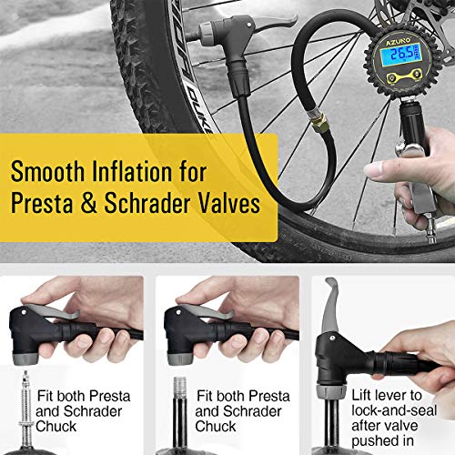 AZUNO Digital Bicycle Tire Inflator Gauge, Auto-Select Presta & Schrader | 200 PSI Digital Gauge, Auto-Select Valve, Air Compressor Ready, Brass Chuck, Rubber Hose, Oxford Storage Bag - size: Digital