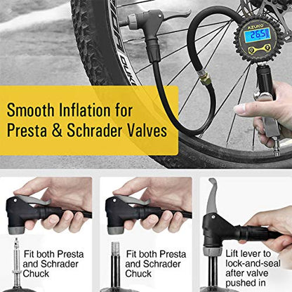 AZUNO Digital Bicycle Tire Inflator Gauge, Auto-Select Presta & Schrader | 200 PSI Digital Gauge, Auto-Select Valve, Air Compressor Ready, Brass Chuck, Rubber Hose, Oxford Storage Bag - size: Digital