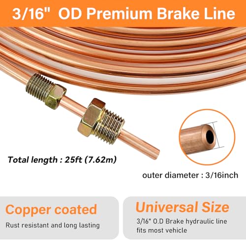 3/16 Inch Brake Line Kit Include 25 FT Copper-Plated Brake Lines with 20pcs Fitting, Single Flare Tool, Brake line Bender and Tube Cutter, 3/16 Inch Brake Line Tools kit