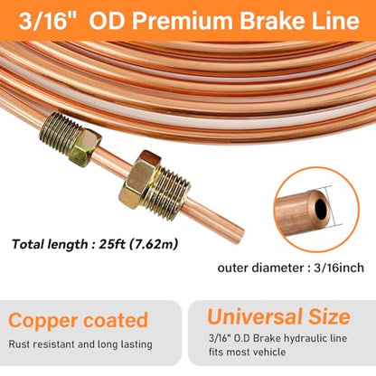 3/16 Inch Brake Line Kit Include 25 FT Copper-Plated Brake Lines with 20pcs Fitting, Single Flare Tool, Brake line Bender and Tube Cutter, 3/16 Inch Brake Line Tools kit