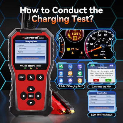 KONNWEI KW341 6V 12V 24V Battery Tester for Car Truck Motorcycle | Automotive Load tester, Cranking & charging test, CCA 10-2000, Supports lead-acid/AGM/GEL/EFB/Lithium, In/out-vehicle modes