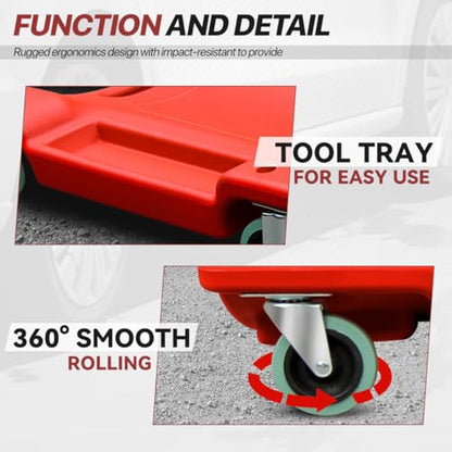 Low Profile 40" Rolling Mechanic Creeper with Padded Headrest and Tool Trays, 300 LBS Capacity, Under Car Roller Creeper with 6 Swivel Casters, Red