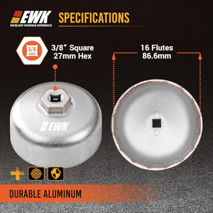 EWK 86.6mm 16-Flute Oil Filter Wrench, Heavy-Duty Cup Tool for BMW Cartridge Caps, Remove & Install Filter Housing Safely with 3/8" Drive, Fits 2006+ Models