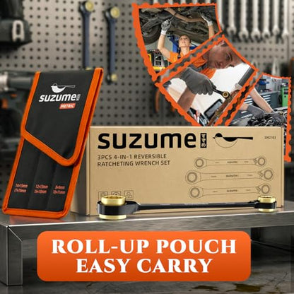 SUZUME 4 in 1 Ratchet Wrench 3-Piece Metric Reversible Ratcheting | 8,9,10,11,12,13,16,18,14,15,17,19mm with Storage Bag and EVA Foam 15K Gear Cycles for Vehicle Motorcycle Engine Bike DIY - size: Metric