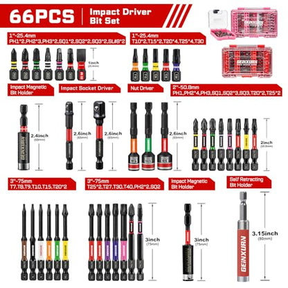 Geinxurn 66Pieces Impact Screwdriver Bits Set, Magnetic S2 Steel 1”/2”/3” Phillips/Square/Torx/Slotted Bits Tips,Impact Bit Holder and Nut Driver with Storage Box Case - style: UTCM066