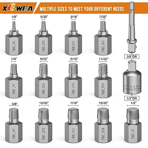 XEWEA Upgrade 3/8" Drive 15 Piece Screw Extractor Set | Hex Head Multi-Spline Easy Out Stripped Bolt Remover Kit Tool, CR-MO Material for Removing Broken Rusted Screws, Bolts, Studs - color: 15pcs