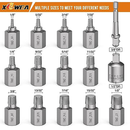 XEWEA Upgrade 3/8" Drive 15 Piece Screw Extractor Set | Hex Head Multi-Spline Easy Out Stripped Bolt Remover Kit Tool, CR-MO Material for Removing Broken Rusted Screws, Bolts, Studs - color: 15pcs