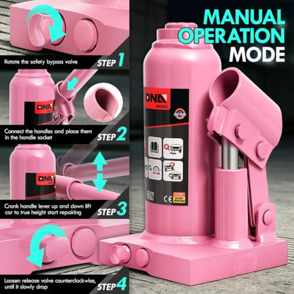 DNA Motoring 2 tons / 4000 lbs Lifting Automotive Welded Hydraulic Bottle Jackfor Sedans Repair, with Manual Handle & Carrying Storage Case, Pink - color: Pink, style: 2 ton
