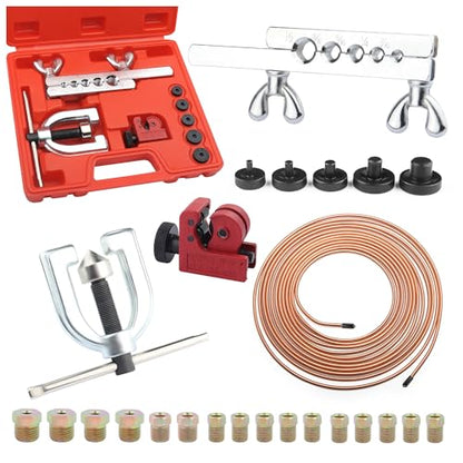 Single & Double Brake Line Flaring Tool Kit,25FT 3/16" Brake Line Kit with 16 Fittings & 5 Adapters,Copper Coated Brakes Lines Repair Kits Car Accessories for Most Vehicles