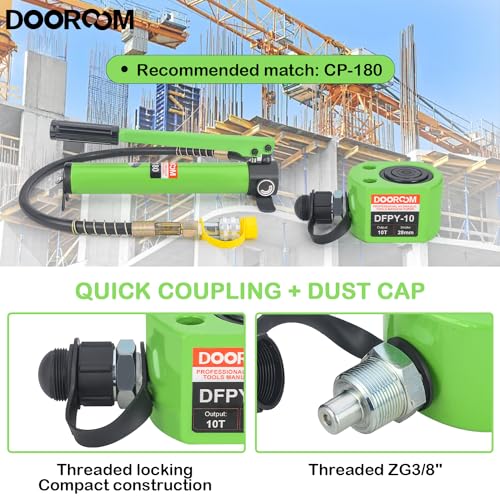 10T 1.0"/26mm Stroke Portable Hydraulic Cylinder Portable Low Profile Jack Sets Multi-Acting Porta Power Ram Jack Kits Lifting Cylinder with CP-180 Hydraulic Hand Pump