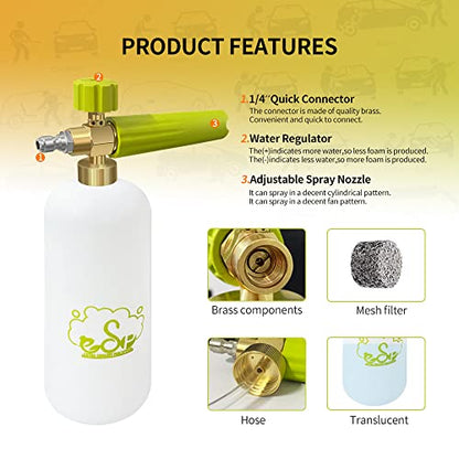 ESP Foam Cannon Snow Foam Lance Pressure Power Jet Washer Quick Release Adjustable Nozzle with 1 Liter Bottle Washing Mitts 1 Towel - color: Green
