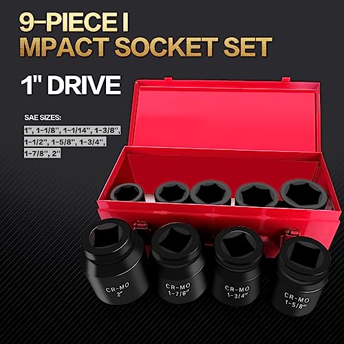TONYNOL 1 Inch Drive Deep Impact Socket Set,9 Pieces,6-Point,SAE Sizes (1",1-1/8",1-1/14",1-3/8",1-1/2",1-5/8",1-3/4",1-7/8",2"),Cr-Mo Steel - size: 1"Drive 9PC SAE (1"-2") Deep